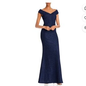 Eliza J Navy Glitter Off the Shoulder V Neck Full Length Formal Sheath D…